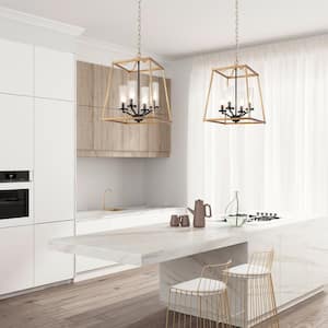 4-Light Dark Gold Modern Farmhouse Square Chandelier with Clear Seeded Glass Shades, Open Cage Pendant Light for Kitchen
