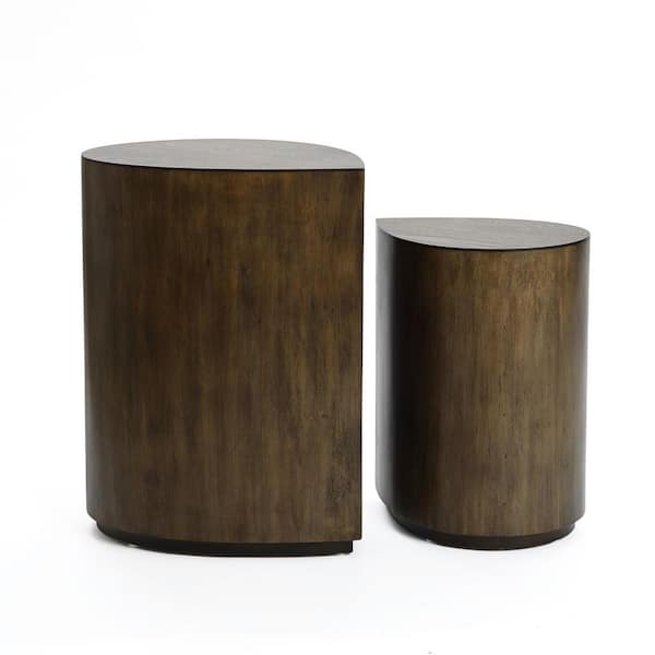 2-Piece 20.87 in. Teardrop Drum Wood Side Tables Set in Walnut Finish