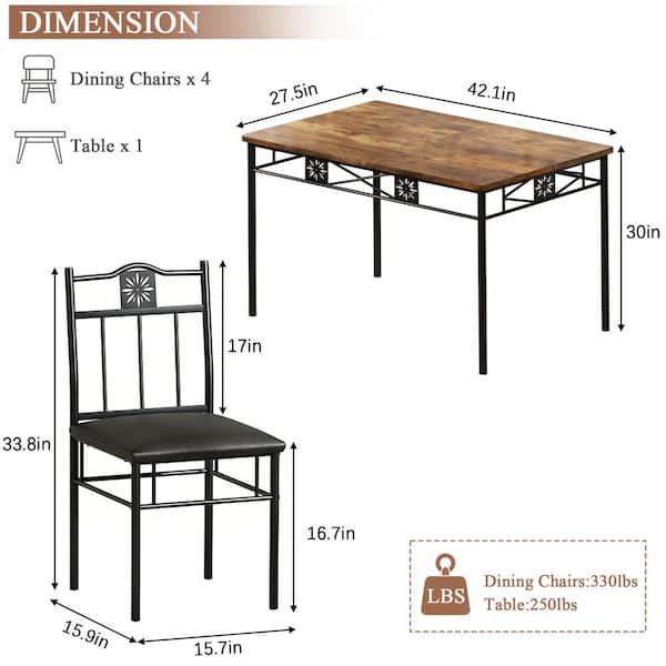 5-Piece Dining Table Set Wooden Kitchen Table 1 Table 4 Chairs Metal Legs, Rectangular Dining Table Sets，42.1"L, Brown