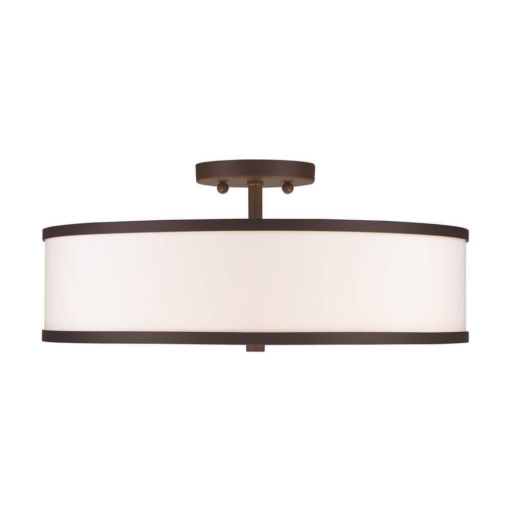 Bronze Contemporary 3-Light Semi-Flush Mount with Off-White Fabric Shade