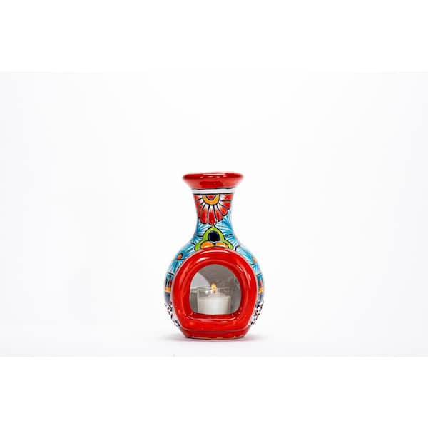 Evergreen Enterprises Talavera 9 in. Red Multi-Color Ceramic Chimenea Style Tea Light Holder Planter