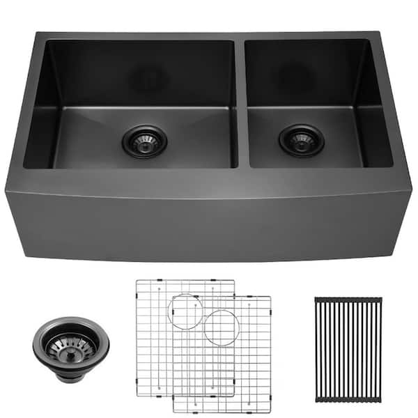 33-in.x 21-in.Gunmetal Black Double Bowl Apron-Front 16-Gauge Stainless Steel Farmhouse Kitchen Sink with Strainer