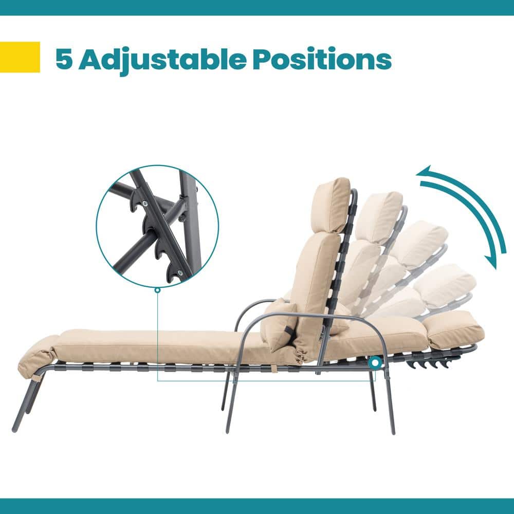 Tan Adjustable Steel Frame Outdoor Chaise Lounge with Cushion