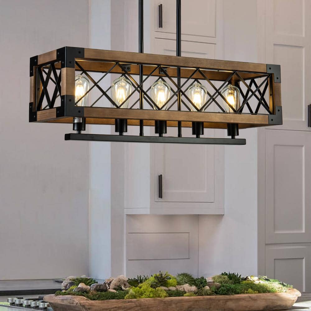 5-Light Farmhouse Matte Black Square Kitchen Island Chandelier with Solid W