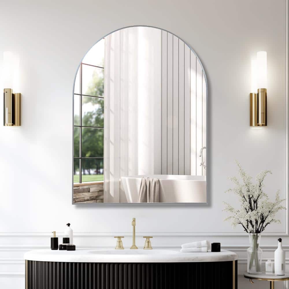 30 in. W x 40 in. H Arched Metal Framed Wall Bathroom Vanity Mirror in Silver price history on PriceWatchPro