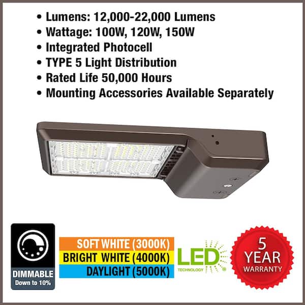 400-Watt Equivalent Integrated LED Bronze Area Light with Straight Arm Kit TYPE 5 Adjustable Lumens and CCT