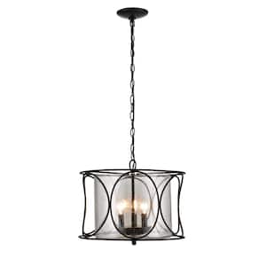 3-Light Bronze Contemporary Cage Pendant with Seeded Glass Shade