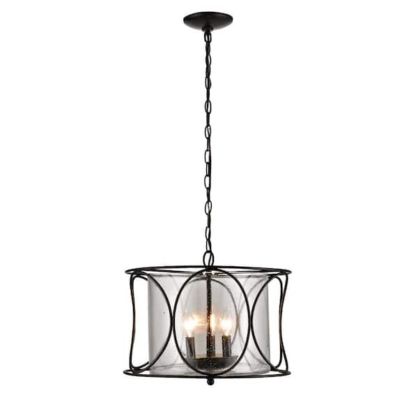 Addington Park 3-Light Bronze Contemporary Cage Pendant with Seeded Glass Shade