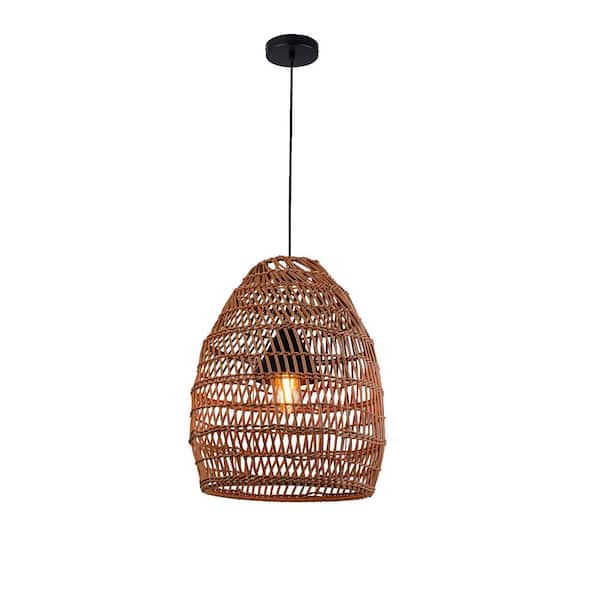 Veremund 20 in. 1-Light Brown Dimmable Outdoor Wicker Rattan Coastal Pendant Light No Bulbs Included