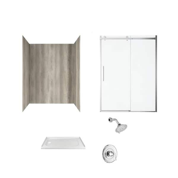 American Standard Passage 60 in. x 72 in. Left Drain 4-Piece Glue-Up Alcove Shower Wall Door Chatfield Shower Kit in Gray Timber