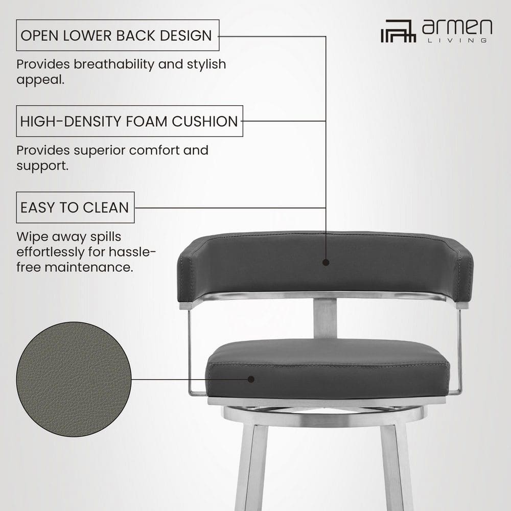 Lorin 26" Gray Faux Leather Swivel Counter Stool with Stainless Steel Frame