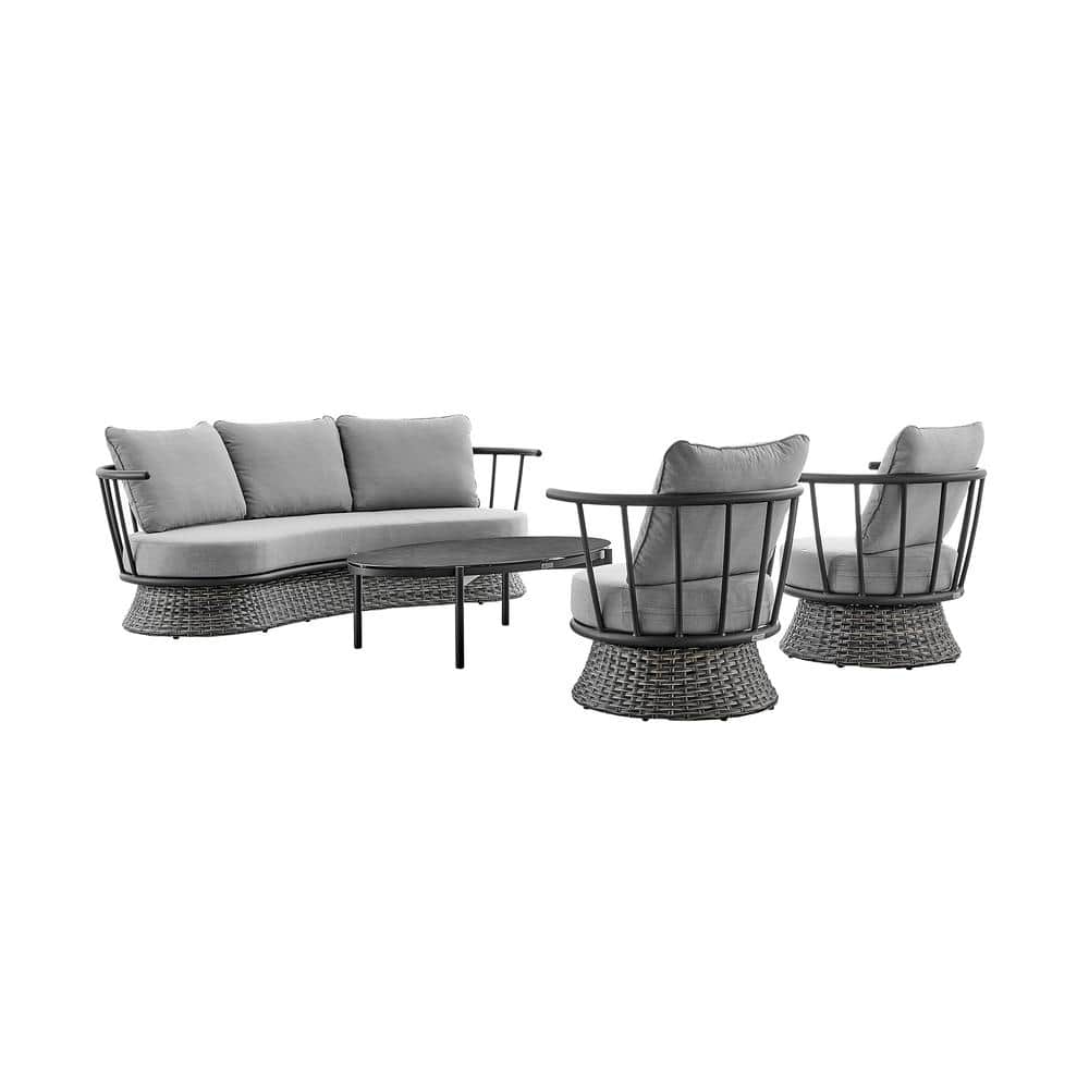Giotto Black Aluminum and Wicker Outdoor Lounge Chair with Gray Cushions