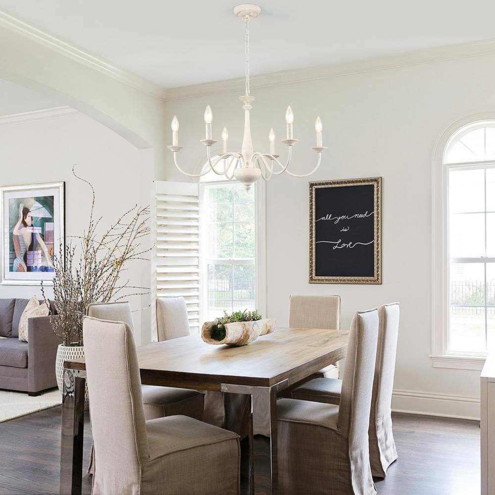 Distressed Cream 6-Light Candle Style Metal Chandelier