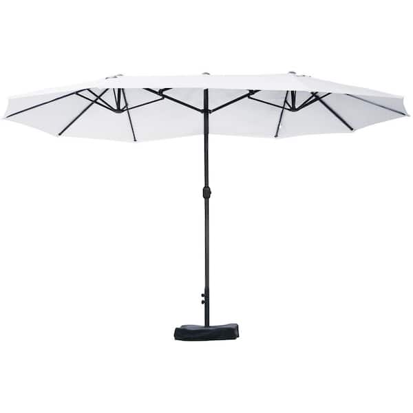15 ft. Steel Rectangular Double Sided Patio Umbrella in Beige with Base, Sun Protection and Easy Crank for Deck Pool
