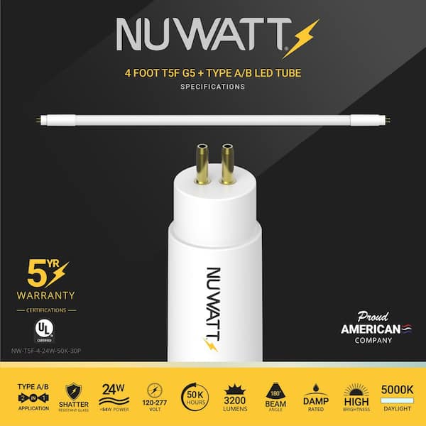 24-Watt 4FT Linear T5 Type A+B LED Tube Light Bulb Ballast Bypass/Plug and Play 5000K, 3200LM High Efficiency 120-277V