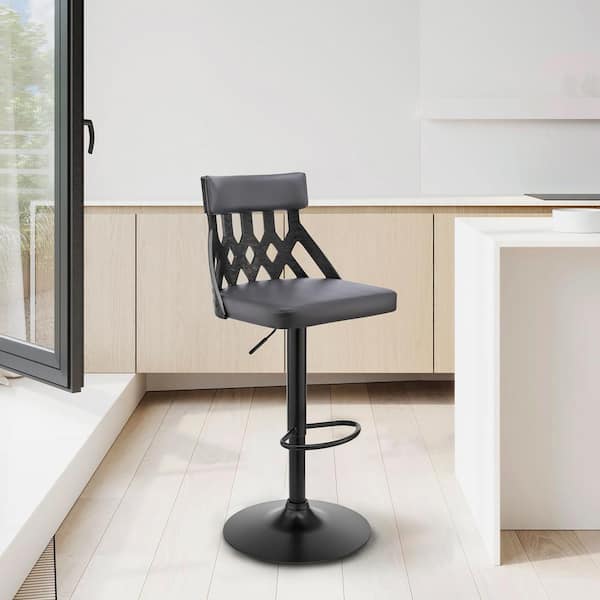 Armen Living Angelo Adjustable 25-33 in. Seat Height High Back Swivel Grey Faux Leather/Black Wood Bar Stool Black Base 45in. Height