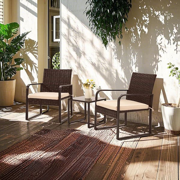 3-Piece Brown Wicker Outdoor Bistro Set with Beige Cushions