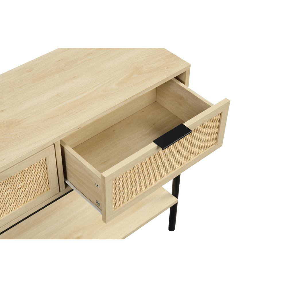 Light Oak and Black Rattan Console Table with Storage