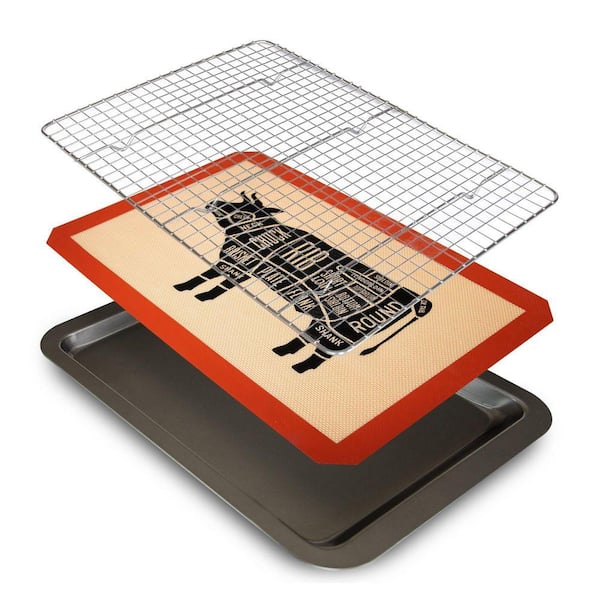 Silver Stainless Steel Meat Resting Rack Set with Silicone Mat for Grilling Juicy Steaks Oven Dishwasher Safe