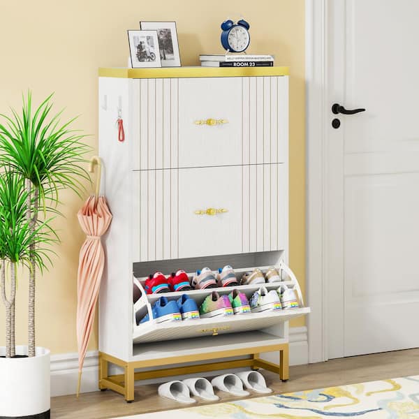 Wooden Shoe Cabinet, Freestanding Shoe Rack with 3 Flip Drawers & 5  shelvesWhite & Gold in 2023