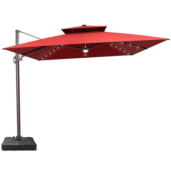11 ft. x 11 ft. LED Square Swivel Double Top Cantilever Tilt Patio Umbrella in Red with 220 lbs. HDPE Base
