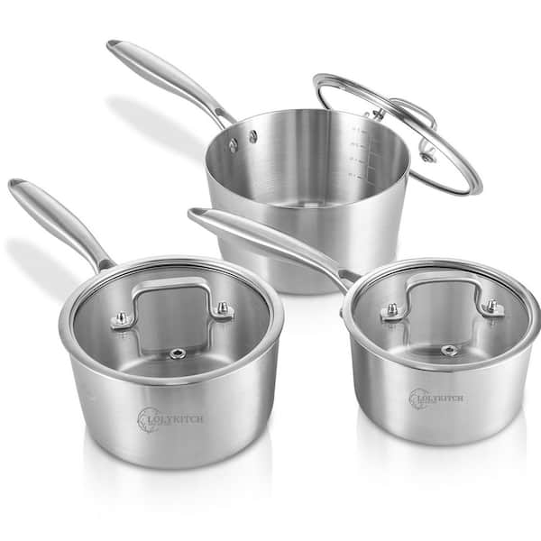 Tri-Ply Clad Stainless Steel Saucepan Set 1 qt 2 qt 3 qt Induction Ready Glass Lid Oven Dishwasher Safe 3 Piece