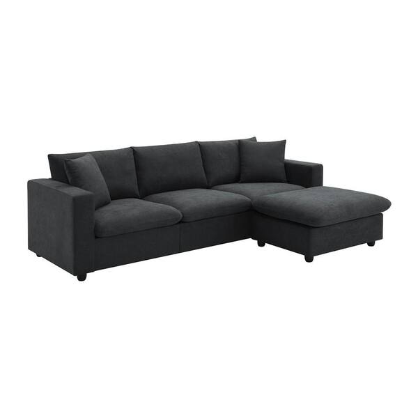 Polibi 100.4 in. Square Arm Polyester L-shaped Sectional Sofa in Black with Convertible Ottoman and 2-Pillows