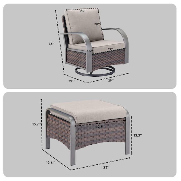 4-Piece Brown Wicker Outdoor Swivel Glider with Beige Cushions and Matching Ottomans Rocking Chairs for Patio or Garden