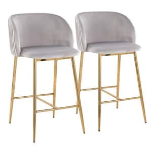 Fran Pleated 36 in. Silver Velvet and Gold Metal High Back Counter Height Bar Stool (Set of 2)