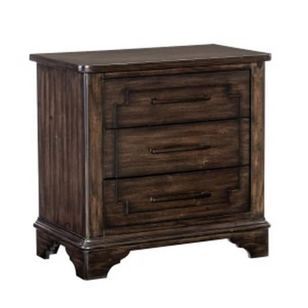 Benjara 30 in. Brown and Bronze 3-Drawers Wooden Nightstand