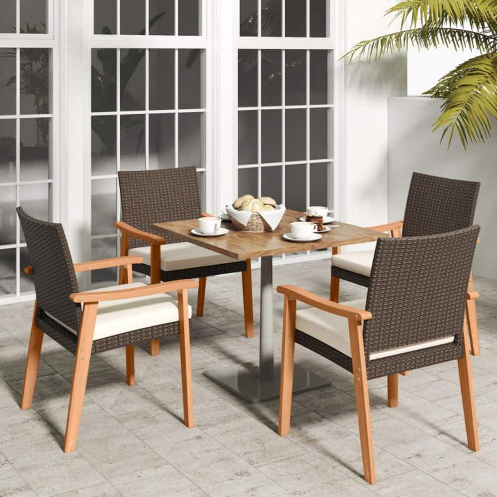 Set of 2 Wicker Outdoor Dining Chairs with Removable Off White Cushions and Acacia Wood Armrests price history on PriceWatchPro