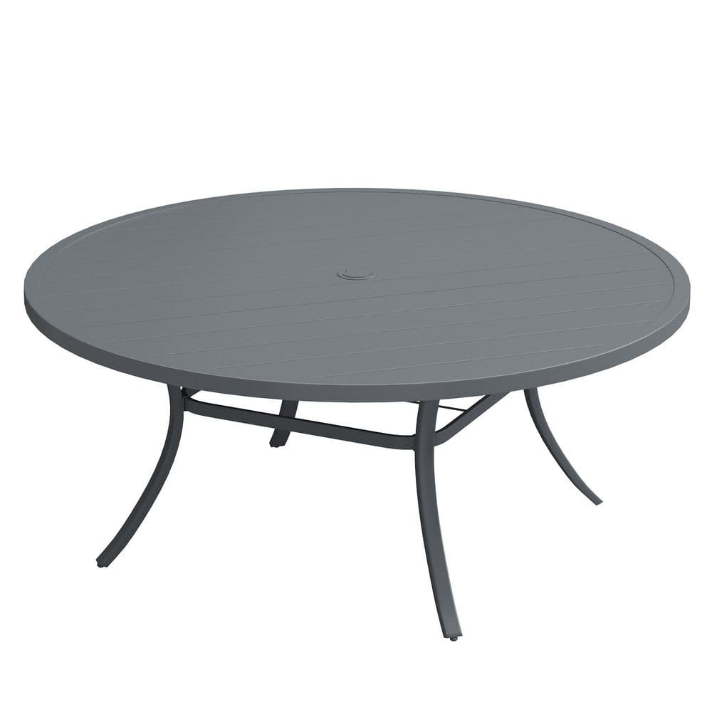 63 in. Gray Round Metal Outdoor Dining Table for 8-10 with Adjustable Umbrella Hole and Slatted Top for Lawn price history on PriceWatchPro