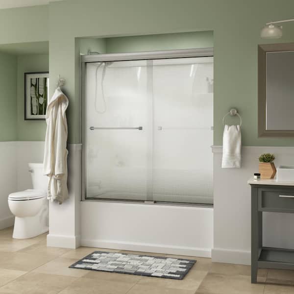 Delta Traditional 60 in. x 58-3/8 in. Semi-Frameless Sliding Bathtub Door in Nickel with 1/4 in. (6mm) Droplet Glass