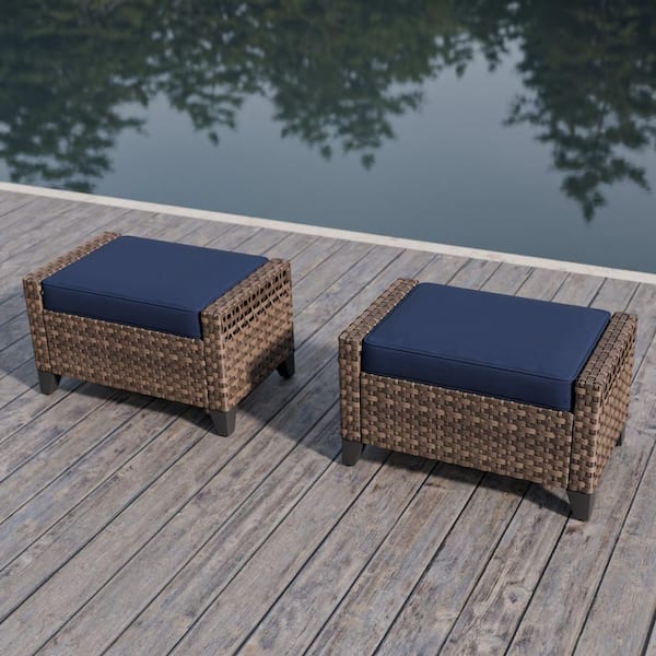 Wicker Outdoor Patio Ottoman with Blue Cushions (2-Pack)