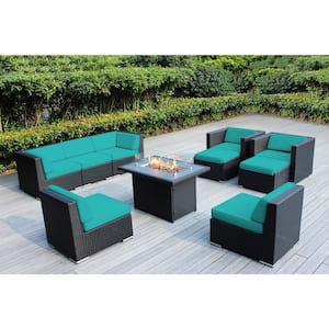 Ohana Black 10 -Piece Wicker Patio Fire Pit Seating Set with Supercrylic Turquoise Cushions
