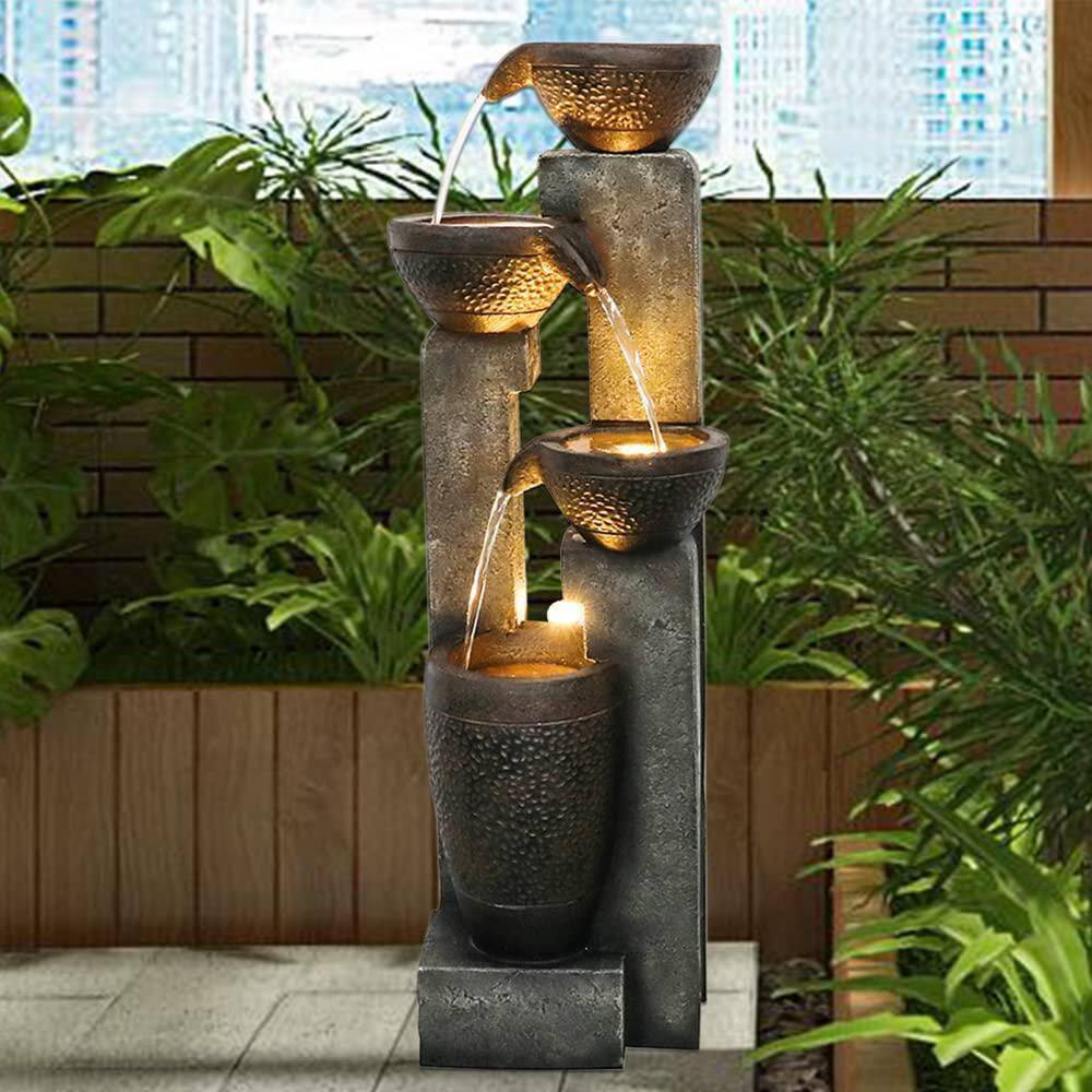 Watnature 40in. 4-Tier Resin Indoor Outdoor Fountain, LED Garden ...