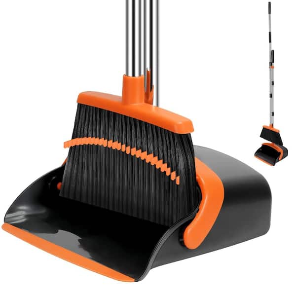 Broom and Dustpan Set, 55-in Long Adjustable Handle Angle Broom and Dustpan Combo Set with Dust Pan Teeth, Black Orange