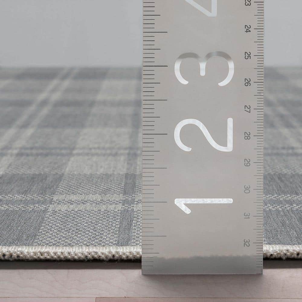 Light Grey Plaid Washable Synthetic Rectangular Area Rug 3'3" x 5'