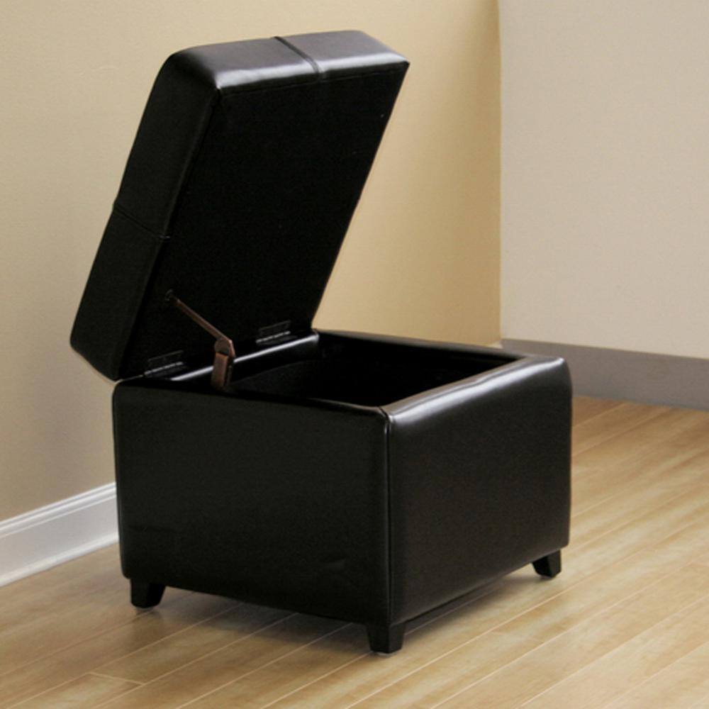 Baxton Studio Black Leather Storage Cube Ottoman with Wooden Legs