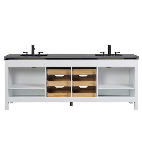 Eviva Dallas 84 in. W x 22 in. D x 34 in. H Double Bath Vanity in White with Black Granite Top with Black Sinks