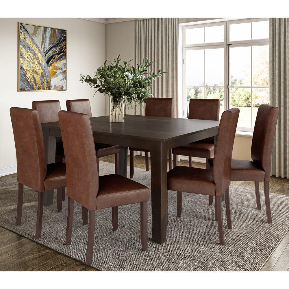 Distressed Saddle Brown Faux Leather 9-Piece Dining Set with Solid Rubberwood Table