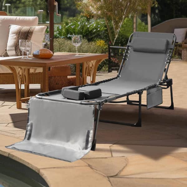 VEIKOUS Chaise Lounge Chairs for Outside Tanning Chair with Face Hole, Pillow and Side Pocket, Dark Gray