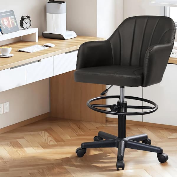 Premium PU Swivel Drafting Chair Adjustable Height Lumbar Support Home Office Office Stool, Black