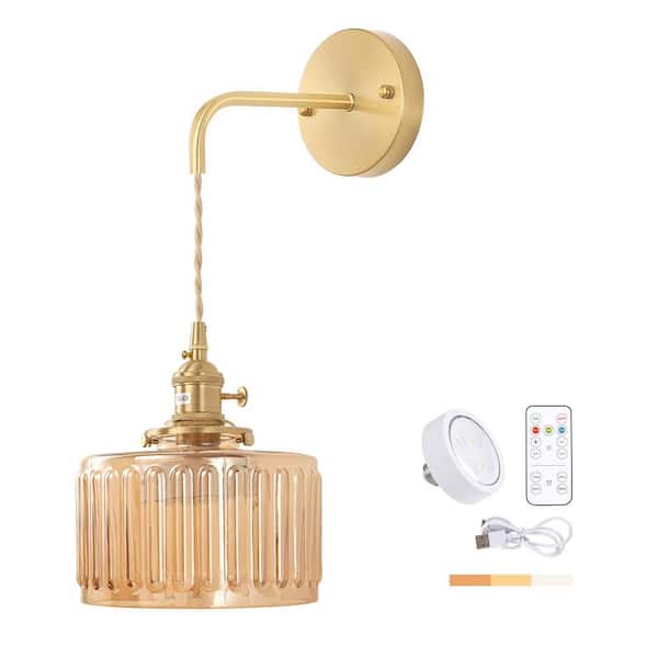 Ahfiwaso Retro 4.72 in. 1-Light Gold Battery Operated Vintage Smart Home Wall Sconce with Amber Glass Shade with Remote