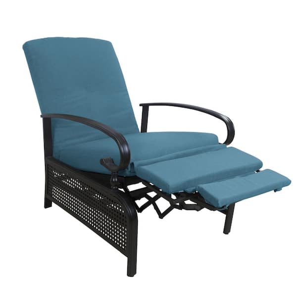 KOZYARD Black Metal Outdoor Recliner with Aqua Cushions for Outdoor Reading, Sunbathing or Relaxation