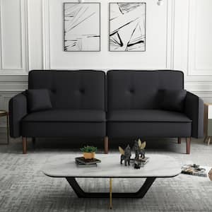 75 in. Black Fabric Upholstered Twin Size Sofa Bed with 2-Pillows 3-Adjustable Modes 2-Pockets 6-Solid Wood Legs