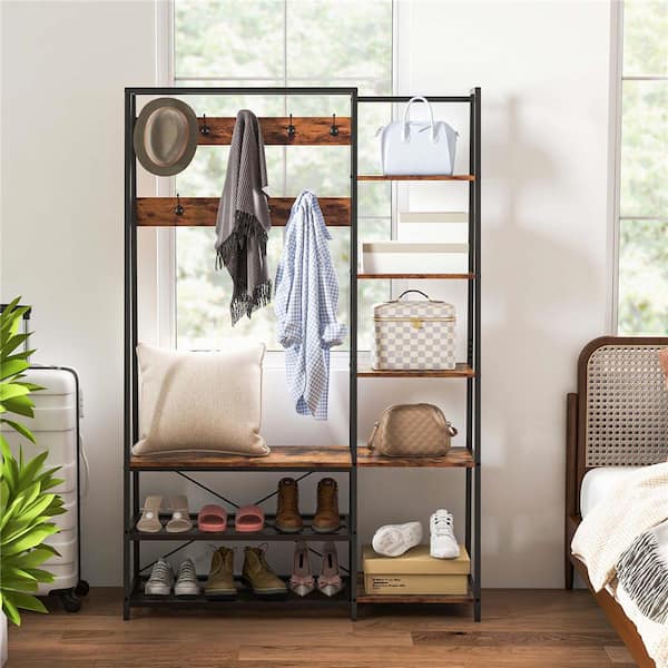Brown 5 in. 1 Entryway Coat Rack with Storage Shoe Bench Freestanding Wooden Hall Tree