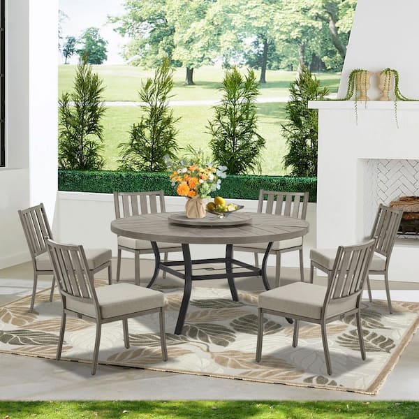 ULAX FURNITURE 7-Piece Aluminum Outdoor Dining Set with Echo Dune Sunbrella Cushions, Round Dining Table, 6-Dining Chairs