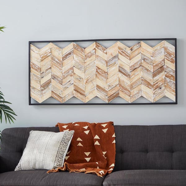 52 in. x 23 in. Teak Wood Brown Handmade Chevron Panels Geometric Wall Decor with Distressing