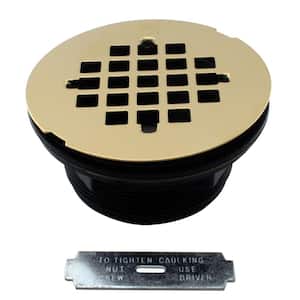 2 in. No-Caulk PVC Compression Shower Drain with 4-1/4 in. Round Grid Cover, Polished Brass